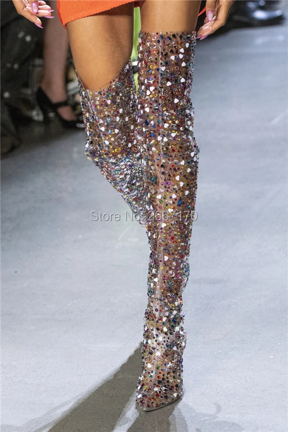 Colorful Rhinestone Glitters Transparent Runway Shoes Pointed Over Knee Botas Mujer Perspex Clear Heel Crystal Thigh High Boots