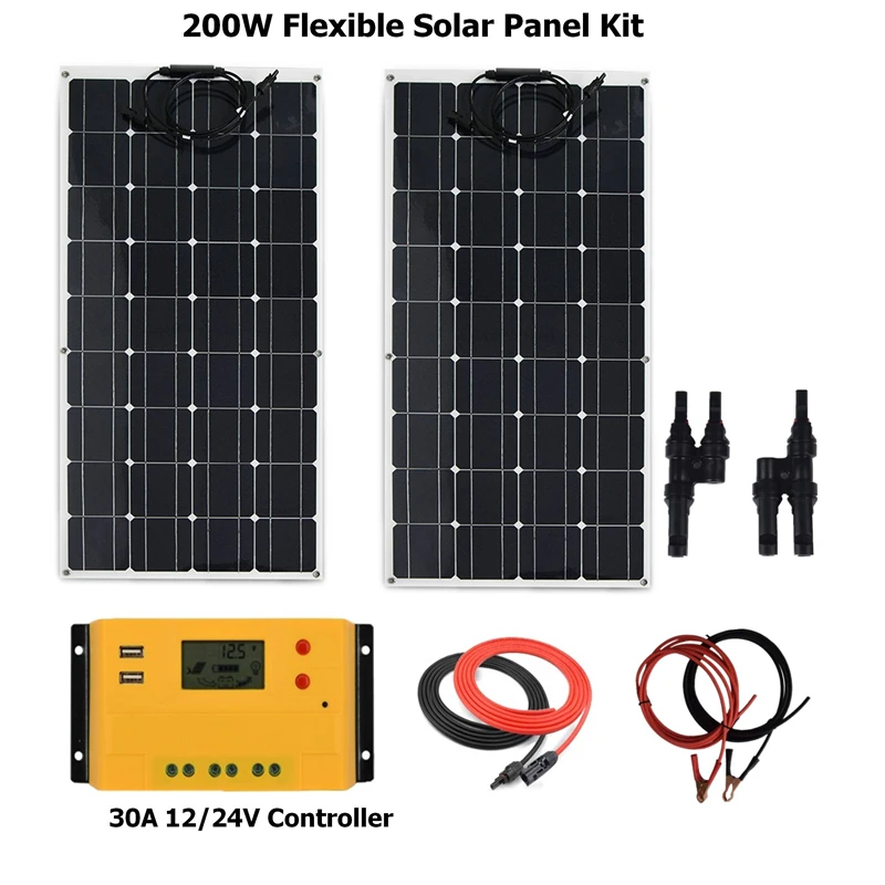 

200W Flexible Solar system Kit for Beginner Monocrystalline Solar Panel+30A solar controller+solar/battery cable+MC4 Connector