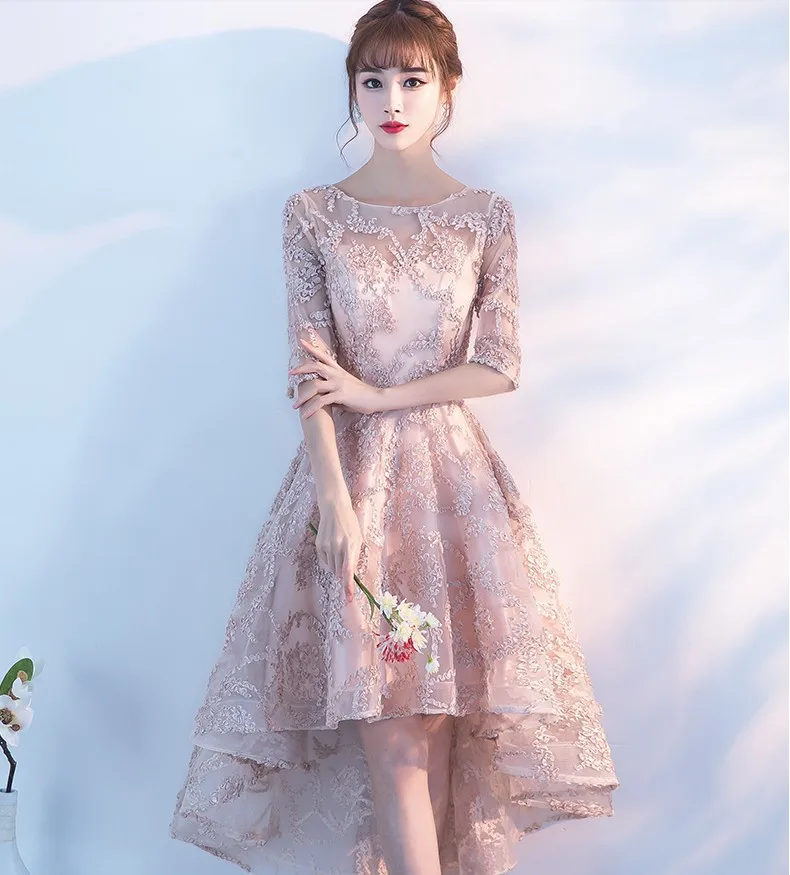 

Women retro red lace half sleeve front short back long lace ball gown dresses