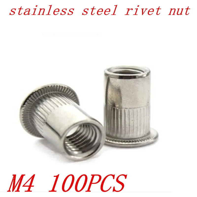 100pcs/lot 304 Rivet nut M4 4mm Flat Head Stainless steel insert rivet