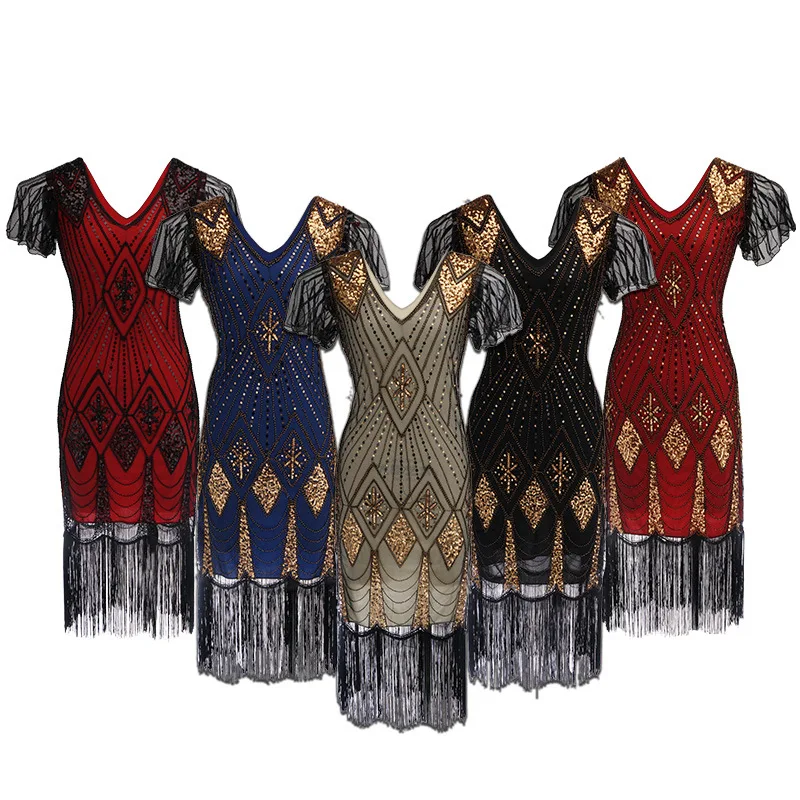 Great Gatsby Party Dress Women 1920s Dress Sexy Short Sleeve V-Neck Embroidery Fringe Sequin Beaded Tassels Hem Flapper Dress (1)