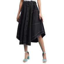 Женские юбки, летняя мода, сплошной черный топ, стежка, карман, пуговица, галстук на талии, юбки, Асимметричный Стиль, юбка миди
