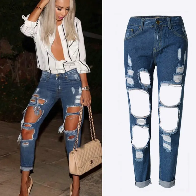 Jeans woman mid waist ripped holes ankle length pants