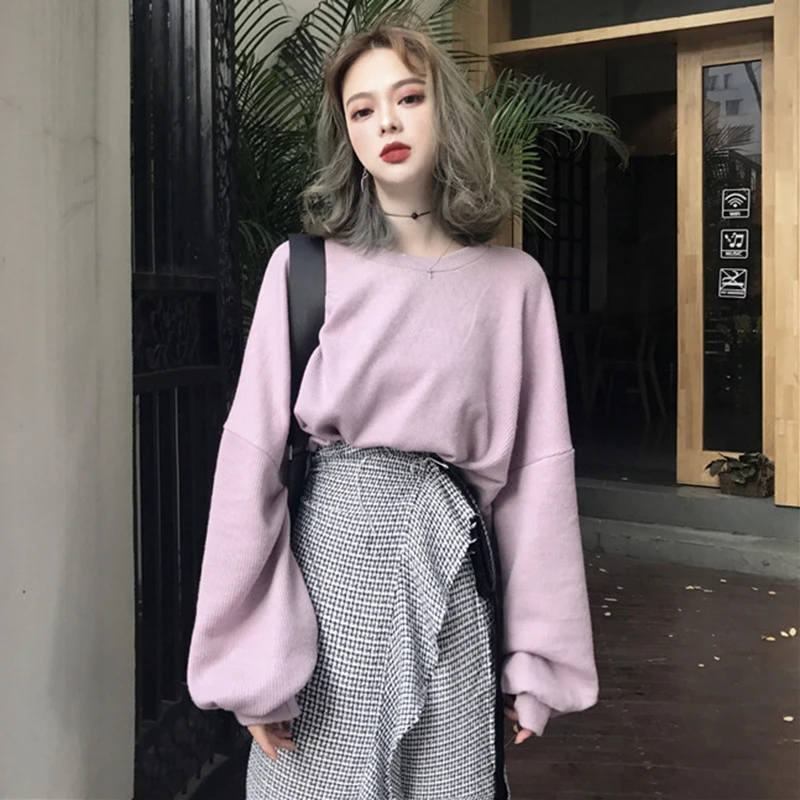 

Spring Women's Korean Sweatshirts Long Lantern Sleeve Lazy Style Simple Solid Color Bf Wind Loose Pullovers Female Casual Hoodis
