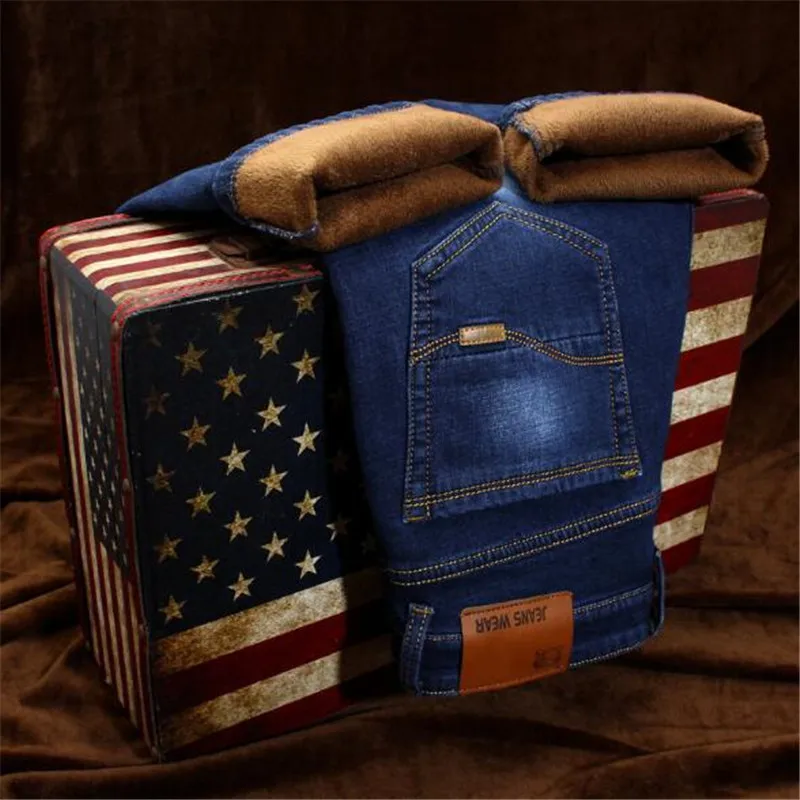 Warm Jeans Men winter High Quality Famous Brand velvet Fleece Straight Jean trousers flocking warm men's pants male 40 32 34