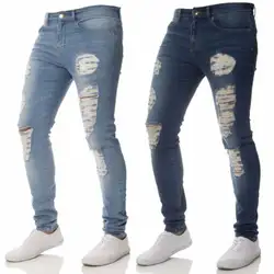 2018 Новая мода Для мужчин эластичная разорвал Тощий Байкер Джинсы для женщин Уничтожено отверстия тесьмой хип-хоп Slim Fit джинсовые штаны