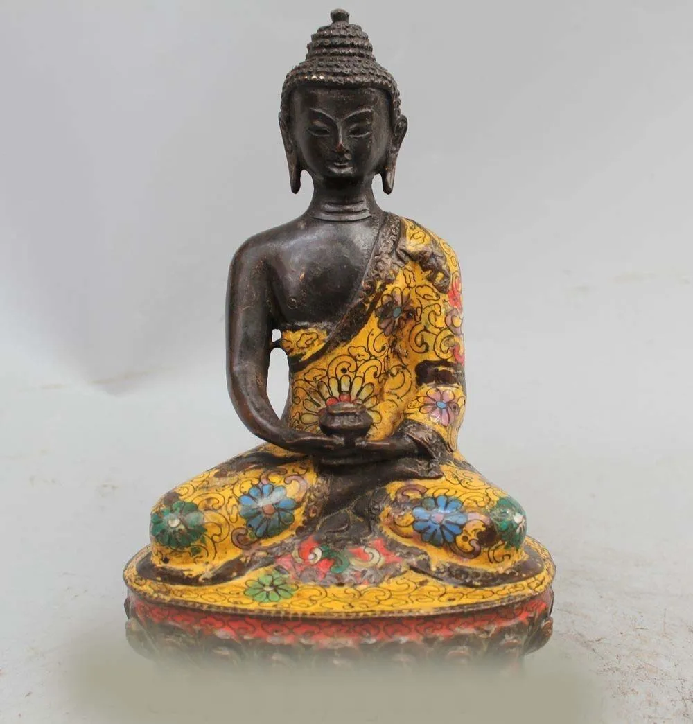

DS 8" Tibet Buddhism Cloisonne Bronze Gild Shakyamuni Amitabha Buddha Bowl Statue