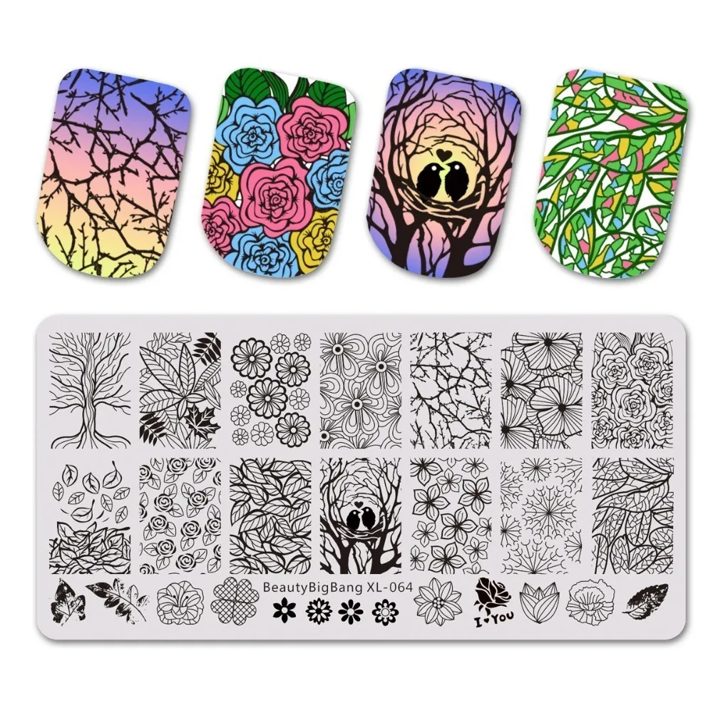 Beautybigbang 6*12cm Stainless Steel Stamping Plate Flower Figure Grass Blade Design For Nail Art Polish Stamp Plate XL-075 - Цвет: 64