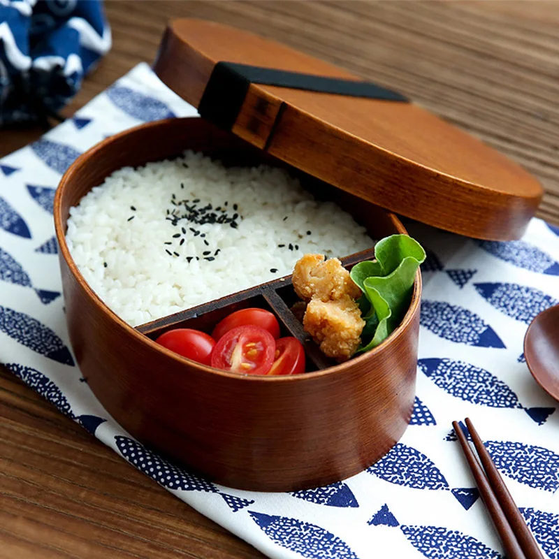 Japanese Bento Sushi Box Eco-friendly Wooden Bento Lunch Boxes Food Container with 3 Compartments Small Portable Oval Lunchbox for Kids Picnic Tableware (1)