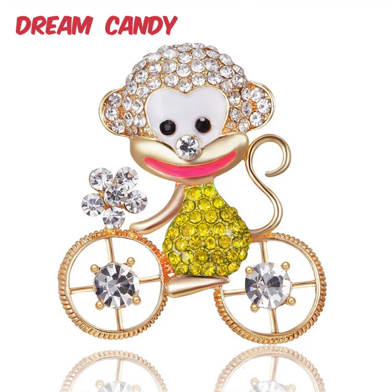 

Dream Candy Creative Rhinestone Cycling Monkey Brooches for Women Fashion Jewelry Enamel Pin Animal Brooch Accessories New 2019