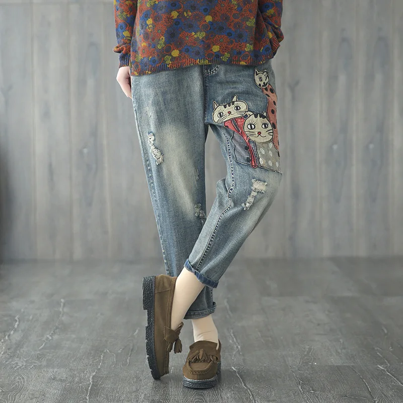 Plus Size Ladies Loose Embroidered Cute Cat Jeans Woman 2019 Summer Female Boyfriend Jeans for Women Clothes Denim Pants Jeans