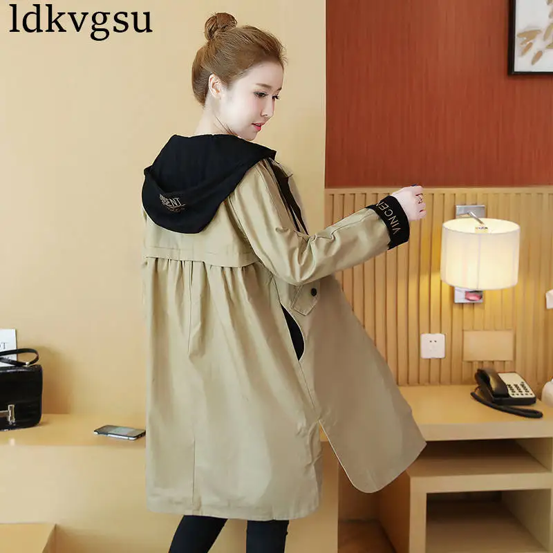 New Windbreaker Female Long Section Spring Autumn Jackets Women Korean Large Size Loose Hooded Casual Coat Ladies V307 - Цвет: khaki