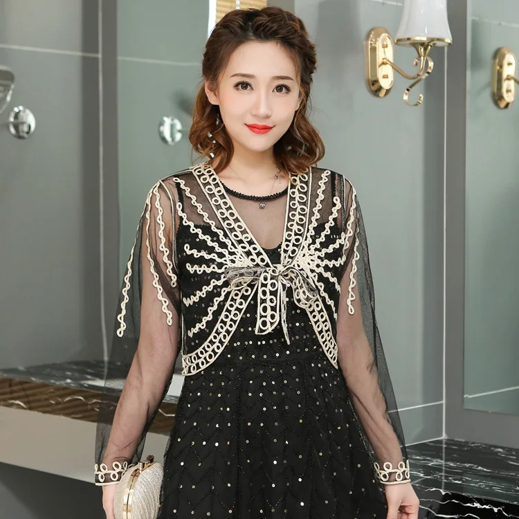 

Long Sleeve Cardigan Small Shawl Short Coat Female Sunscreen Bead Evening Cape 1920s Wedding Bridal Women Jackets Spring Autumn