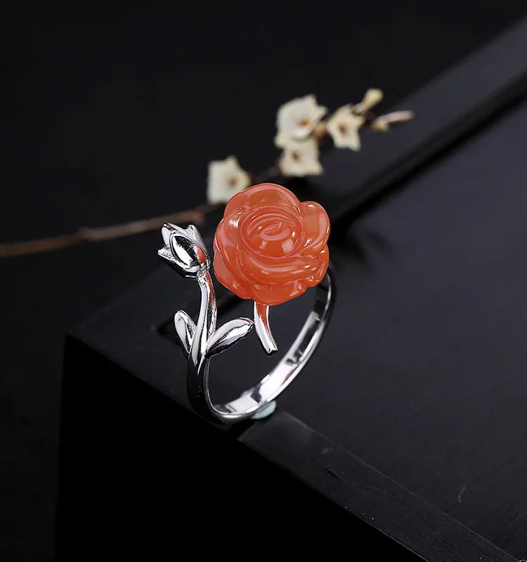 Uglyless Настоящее натуральное зеленое Нефритовое розовое кольцо на палец для женщин ювелирные украшения Твердые 925 Серебро Цветок Открытое кольцо яшма - Цвет камня: Красный
