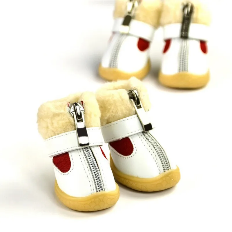 Thick Fur winter Warm Dog Shoes Anti slip Snow Boots PU Leather