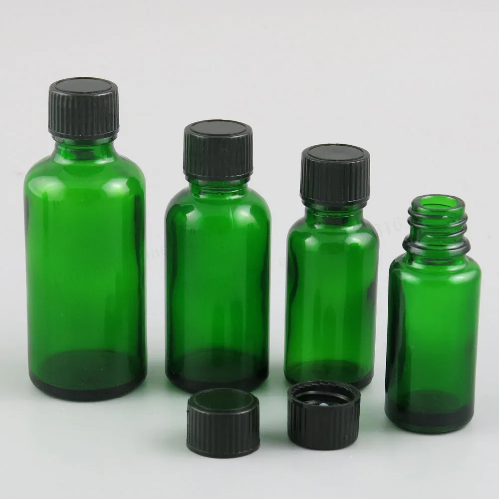 

200 x 5ml 10ml 15ml 20ml 30ml 50ml 100ml Green Glass Bottle with Black Phenolic Cone Cap 1oz 1/3oz 2/3oz Cosmetic Containers