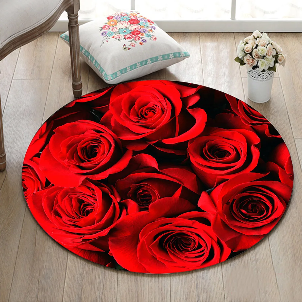 

Indoor Round Customized Living Room Cushion Bedroom Floor Area Rugs Bathroom Non-Slip Carpets Home Door Mat Lifelike Red Roses