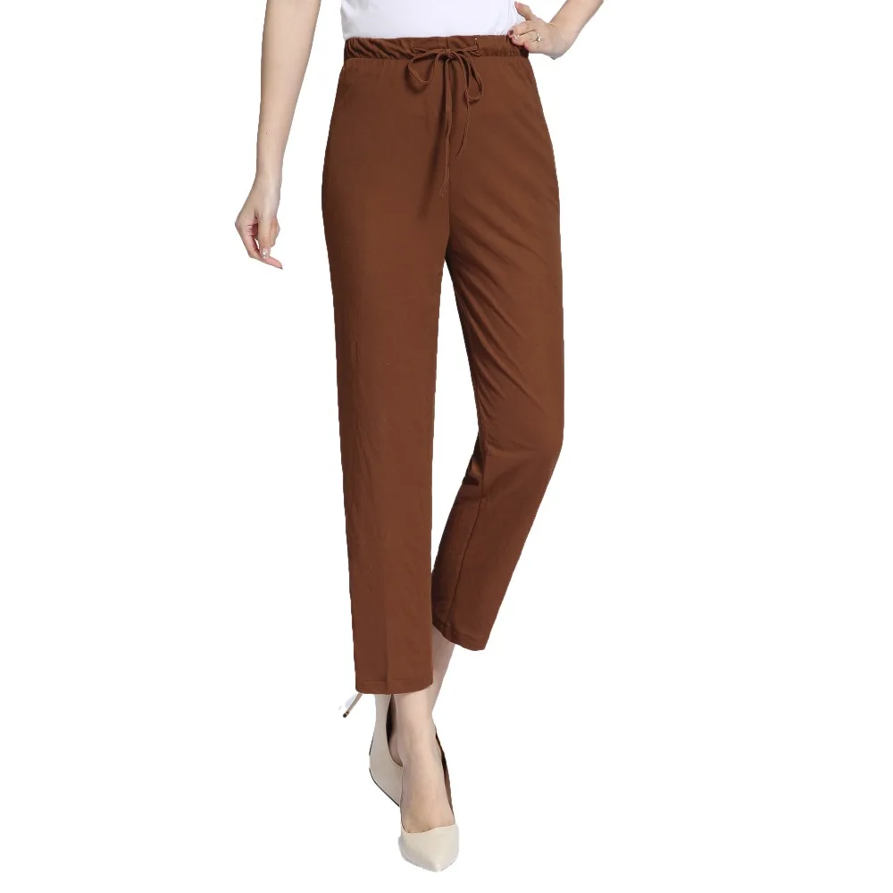 

Women Summer Cropped Pants Elastic Band Adjustable Waist Crop Trouser Female Black Khaki Caramel Dark Green Thin Pantalones 2019