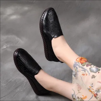 

2019 Fashion Flat Black Shoes Genuine Leather Ballet Flats Shoes Ladies Cut Out Slip On Brand Loafers Nurse Shoes