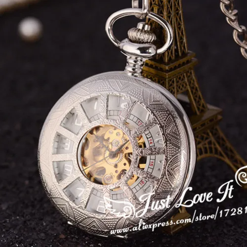خمر الفضة منقوش حالة الرجال باليد لف الميكانيكية الجيب ووتش مع سلسلة جوفاء أفضل هدية قلادة قلادة