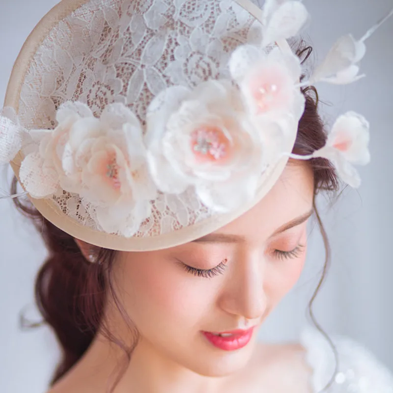 Японский ручной работы красивые и прекрасные кружева пряжи Лен шляпа головной убор цветок свадьба Sen Женская Стиль 21 см 0410-06