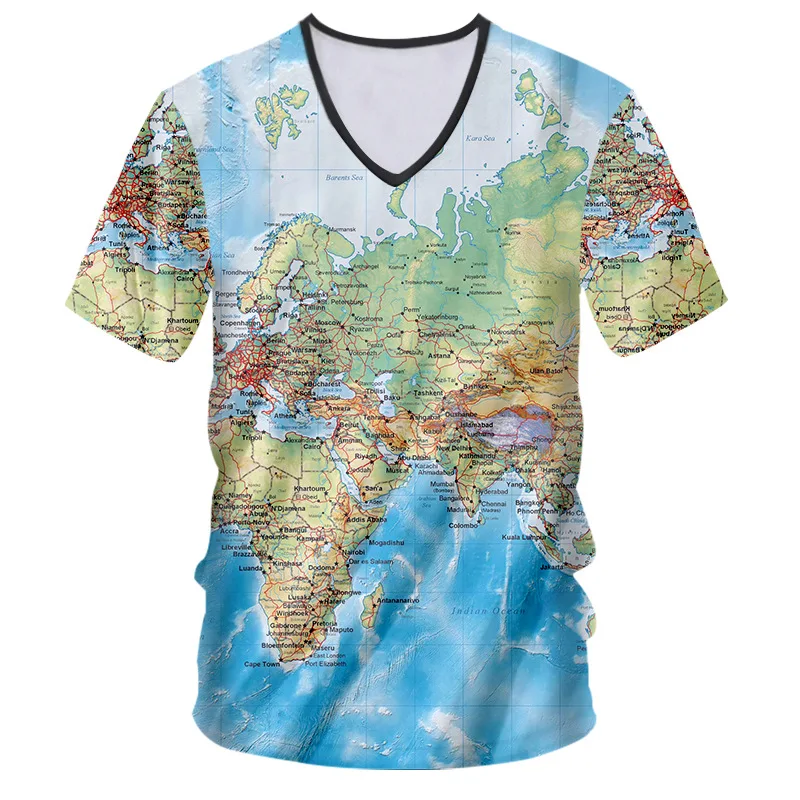 Novelty 3d World Map T shirt Men Women Short Sleeve V-neck Funny Tshirts Unisex Streetwear Punk Rock Hip Hop Tee Shirt Homme (1)