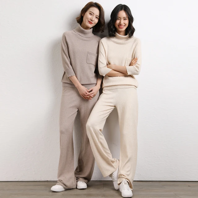Best Price New fashion Women's High Collar pullover Sweater + Mink Cashmere Trousers Two-piece set Woolen and Cashmere Knitted warm Suit Best Price New fashion Women's High Collar pullover Sweater + Mink Cashmere Trousers Two-piece set Woolen and Cashmere Knitted warm Suit