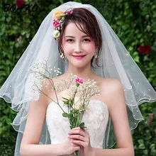 Короткая Тюлевая свадебная вуаль без гребня, два слоя, белая слоновая кость, свадебная вуаль с ленточным краем, Женская перламутровая вуаль, дешевые аксессуары для невесты 80 см