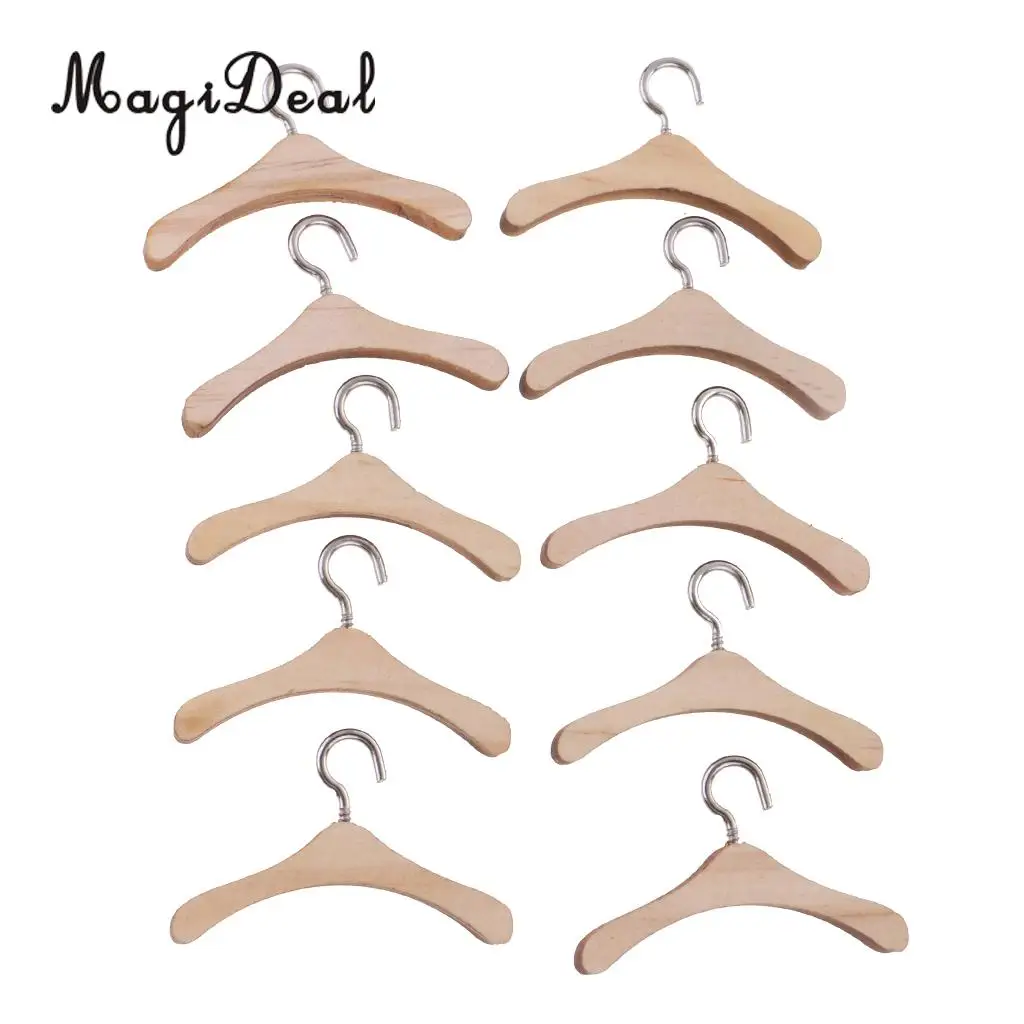 MagiDeal 10Pcs/Lot Wooden Metal Hook Clothes Hanger for 12 Inch BJD Dolls Dress Pants Clothing Dollhouse Furniture Acce Toys