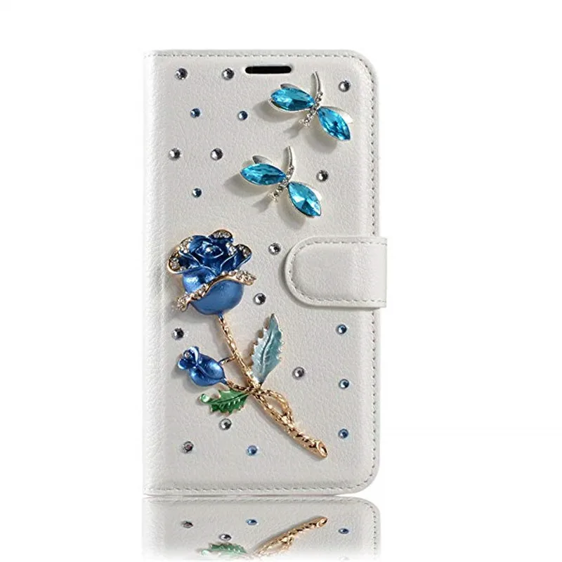 

DIY Bling Diamond Blue Rose Flower Card Slot Holder Flip Wallet Leather Case Cover For Iphone XS Max XR X 8 7 6 6S Plus 5S SE