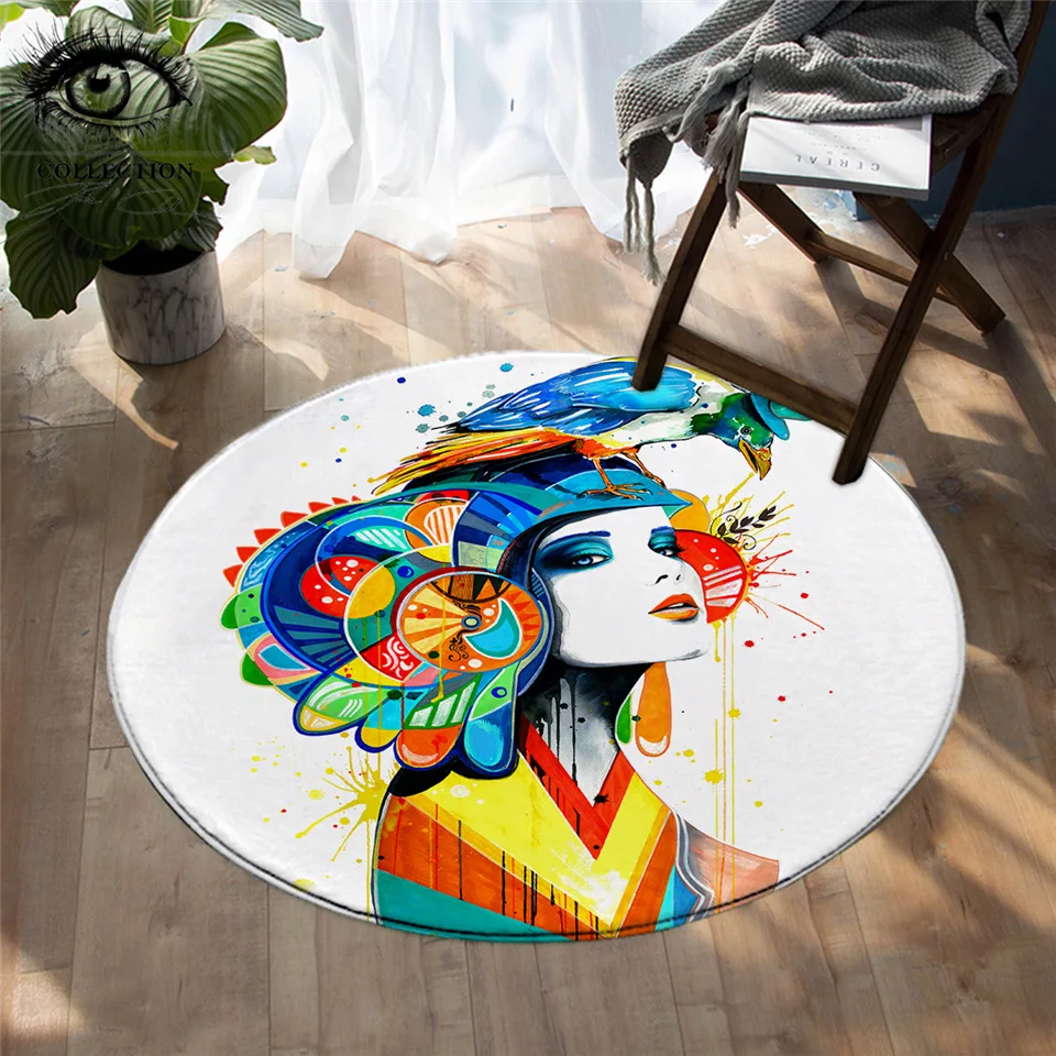 

Aztec by Pixie Cold Art Round Carpet for Bedroom Watercolor Area Rugs Colorful Non-slip Floor Mat Girl alfombra Dropshipping