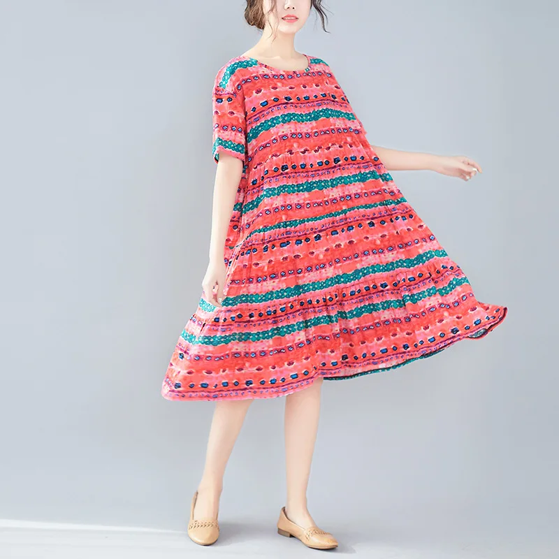 

Johnature 2019 New Casual Short Sleeve Plus Size Loose Cotton Linen Women Dress Spring Summer Fashion Wild Ladies Dress