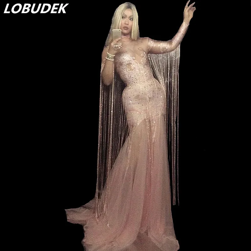 

Pink Crystals Tassels Long Fishtail Dress Nightclub Bar Adult Female Singer Host Stage One Piece Party Catwalk Performance Dress