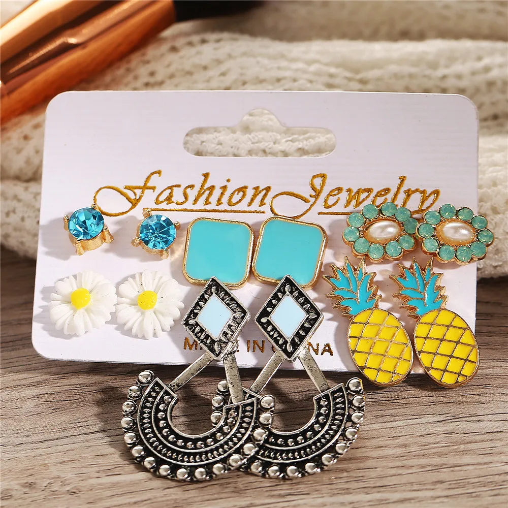 2019 Bohemian Pineapple Flower Stud Earrings Set For Women Vintage Stone Leaf Earrings Female Fashion Brincos Jewelry Wholesale