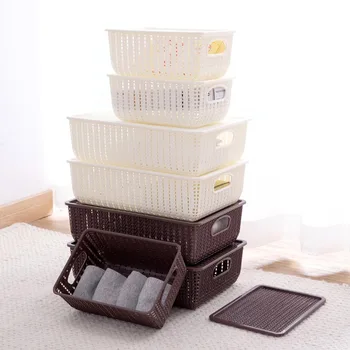 

Imitation Rattan Hollow Storage Baskets With Lid Office Desktop Cosmetics Remote Storage Box Home Snacks Toys Organizer Box