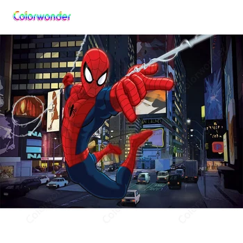 

Colorwonder Superhero Theme Cartoon Spiderman Photography Background Modern City Night Scenery Backdrop for Kids Birthday Decor