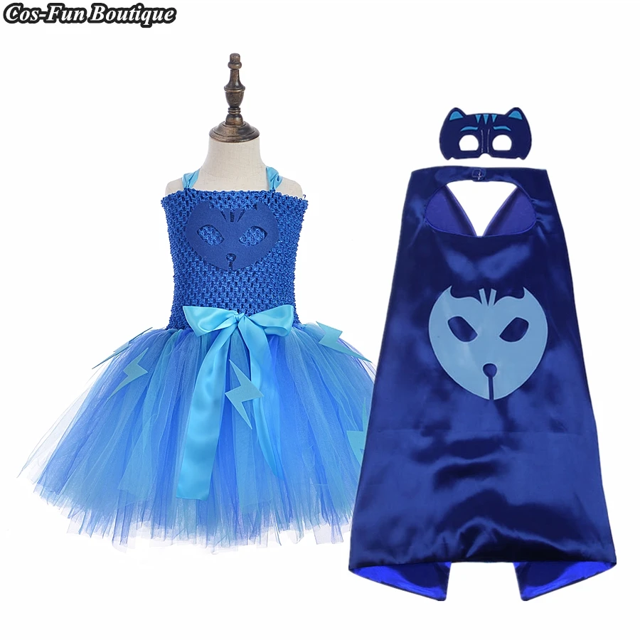 

[Masked LITTLE HERO][Cat kid] Cos Girl Tutu Dress Set Hero Costume Kid Princess Fluffy Gauze Dress Blue Birthday Party Outfit