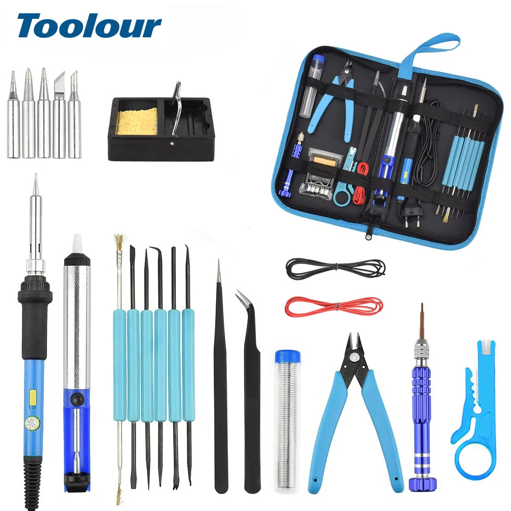 Toolour 110V/220V 60W Adjustable Temperature Electric Soldering Iron Kit with Power Switch+5pcs Soldering Iron Tips Welding Tool