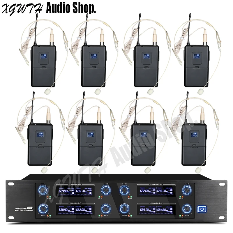 

Professional 8 Headset 8 Channels UHF Wireless Microphone System Cordless Receiver Bodypack Transmitter Condenser Cardioid Mic