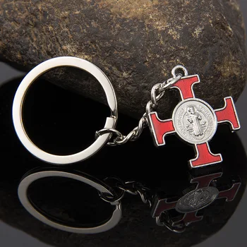 

Religious enamel Vintage Silver Saint Benedict Cross Keychain, Religious Founder Keychain Ring Jewelry Keychain Car Keyring Jesu