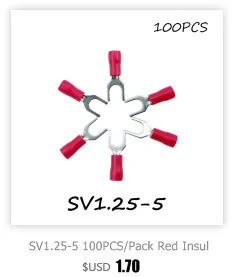 SV1.25-5 100 шт./упак. Красный изолированный вилочный клеммный блок соединитель Электрический пушистый наконечник обжимной кабель провода Forked конец изоляции