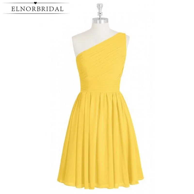 

Short Yellow Bridesmaid Dresses 2019 Pleat Chiffon Robe Longue Formal Wedding Guest Dress Mini One Shoulder Party Gowns