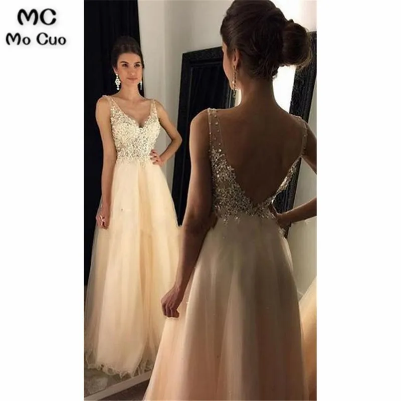 

2019 V-neck A-line Long Evening Dresses Prom Dress with Applique and Beading Backless Formal Dress Fashion Winter Dance Dress