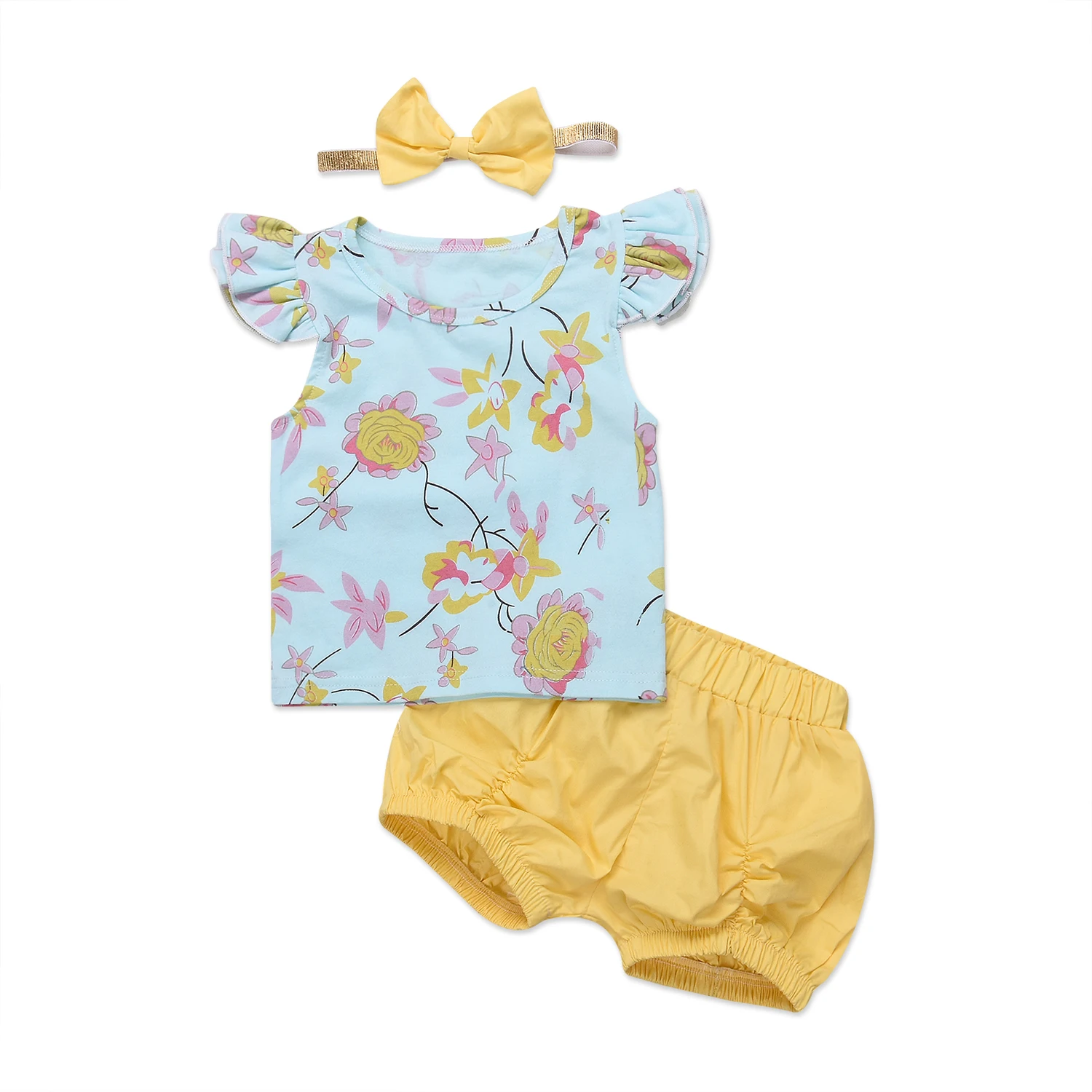 

Newborn Kids Baby Girls Cotton Flowers Ruffles Sleeve Tops +Shorts+Headband 3pcs Outfits Clothes Summer Size 0-3T