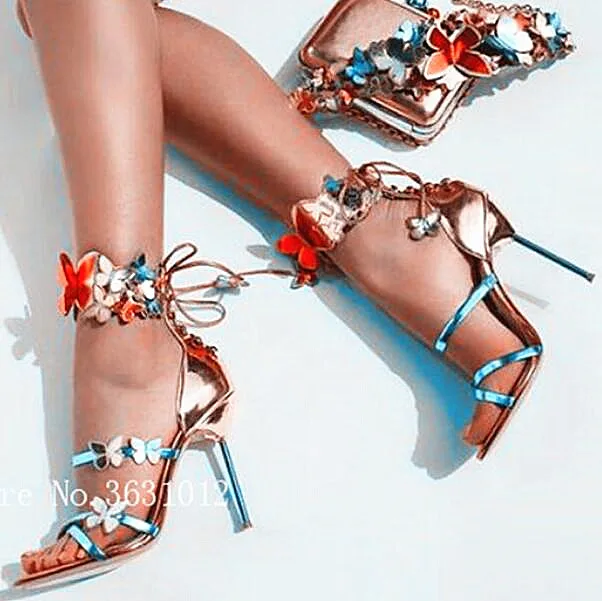 

Fashion Colorful Butterfly Ankle Strap Sandals Appliques Metallic Leather Turquoise Strappy High Heel Shoes Lace Up Woman Sandal