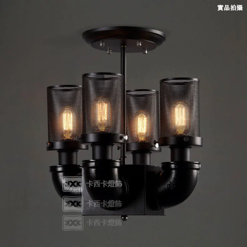 Nordic vintage rural style industry loft black antique iron 4 water pipe ceiling lamps with Edison bulbs in bar or cafe