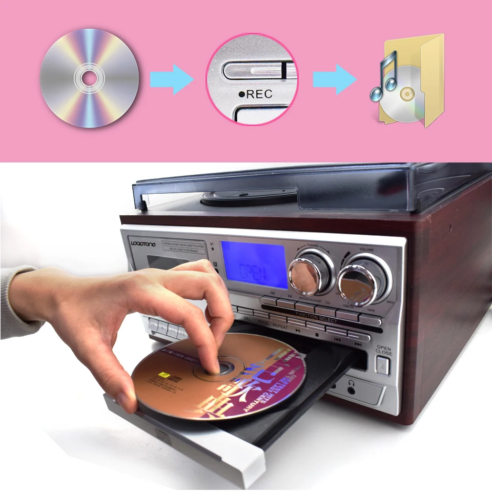 Reproductor de mesa giratoria Bluetooth de 3 velocidades de vinilo + reproductor de Cassette + repr