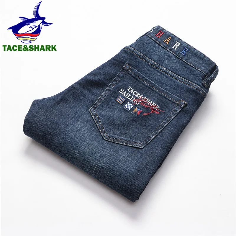 TACE & SHARK Брендовые прямые узкие джинсы новая мода мужские с вышивкой деловые