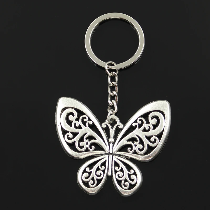 

Fashion 30mm Key Ring Metal Key Chain Keychain Jewelry Antique Silver Plated hollow butterfly 50*57mm Pendant
