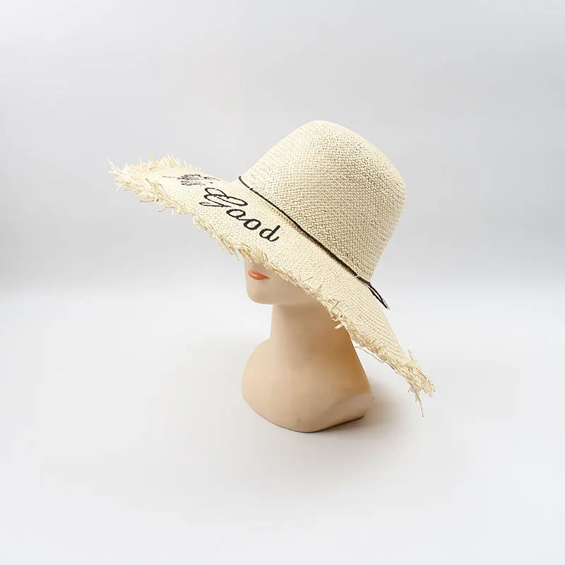 USPOP новые летние шляпы для женщин, шляпы от солнца, женская соломенная шляпа с вышитыми буквами и бантом, пляжная шляпа с широкими полями - Цвет: Бежевый